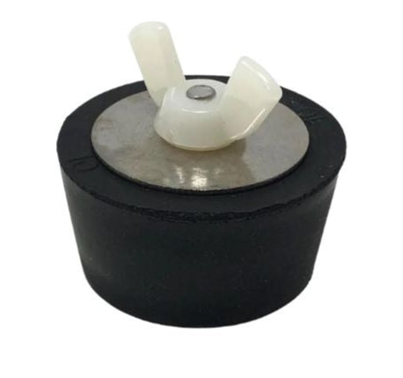 Bouchon de caoutchouc noir avec vis en plastique blanc pour fermeture de piscine, modèle #8. Assure une étanchéité et une sécurité optimales