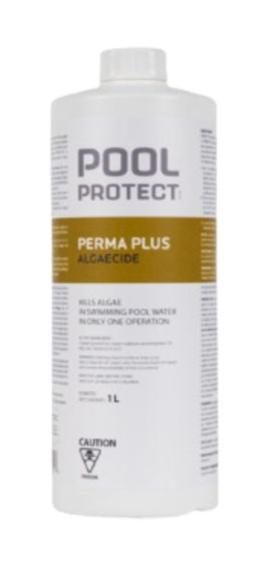 Bouteille d'algicide Perma Plus Pool Protect de 1 litre pour traitement des algues en piscine.